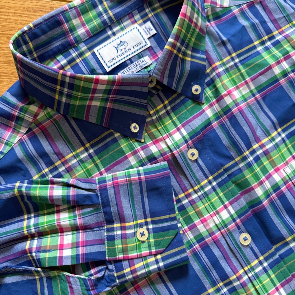 Southern Tide Intercoastal Shirt Mens XL Blue Green Plaid Performance LS